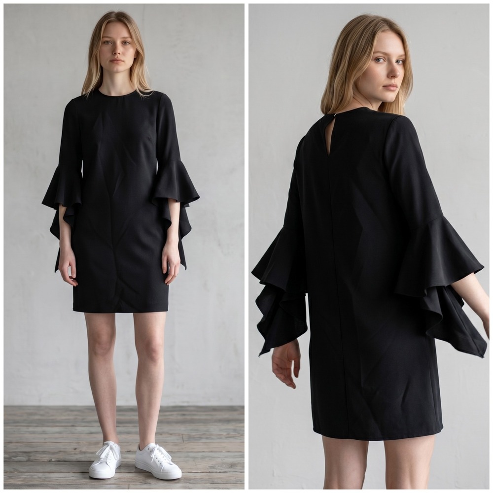 Miss Selfridge Black Tiered Ruffle Bell Sleeve Shift Mini Dress US 2 18D06TBLK